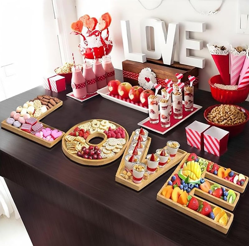 WENFOME 15.5'' Love Serving Trays, 4 Pack Larger Bamboo Solid Serving Platter, Charcuterie Serving Boards Snack Food Cake Cookies Platter for Anniversary Wedding Baby Shower Birthday Party Decoration - Image 1